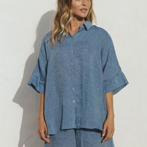 CUT LOOSE blue linen cotton oversized breathable shirt one size